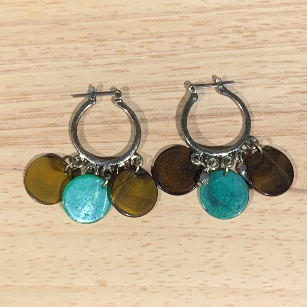 Unbranded Hoop Earrings Womens OS Boho Turquoise Brown Shell Disc Dangle Charms